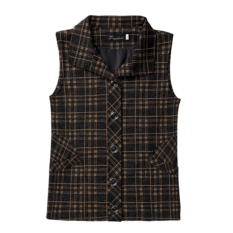 

#0783 Red Yellow Plaid Vest Coat Women Middle Age Vintage Women's Vest Waistcoat Jacket Female Lapel Collar Slim Outerwear Vest