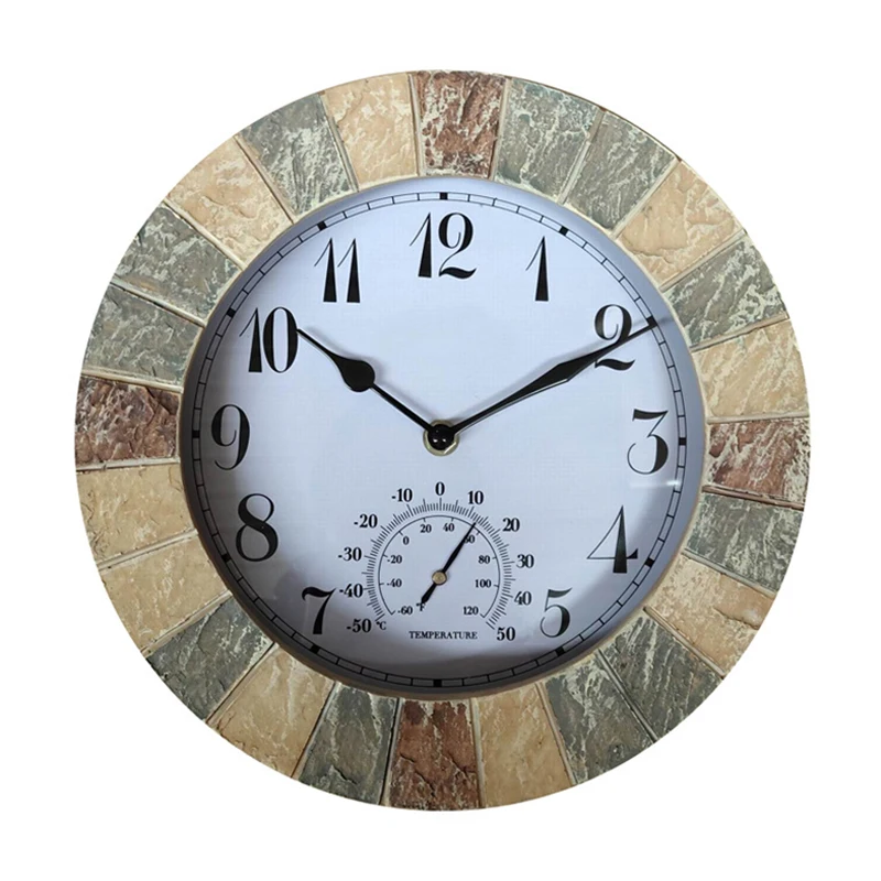 

Outside-in Faux Stonegate Sandstone 10inch Wall Clock and Thermometer Resin Waterproof Garden Number Wall Clock