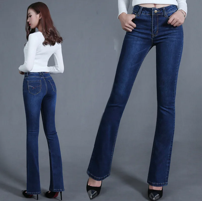 

Cross-border e-commerce autumn women's bell pants elastic tri-color medium and high waist jeans women's tide plus size