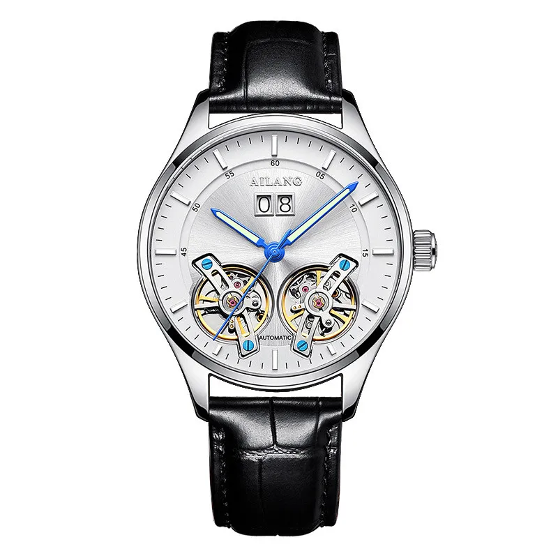 AILANG Лидирующий бренд Роскошные водонепроницаемые спортивные двойные Tourbillon Мужские часы Военные автоматические механические часы мужские часы с календарем - Цвет: Leather 05