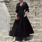 Черные Вечерние Длинное Платье VONDA 2021 летнее Открытое платье с цветочным рисунком для женщин с v-образным вырезом с длинными рукавами-фонариками, богемное платье размера плюс, повседневная одежда для детей Robe