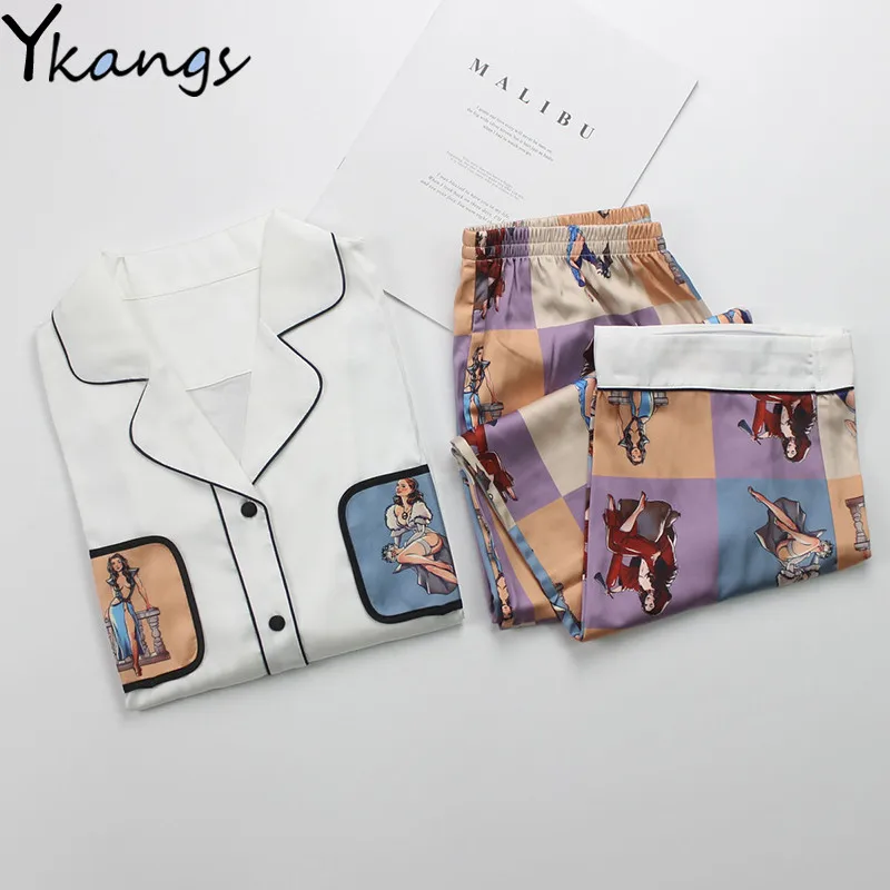 Осенняя Женская шелковая пижама размера плюс 5XL атласный домашний костюм мягкая