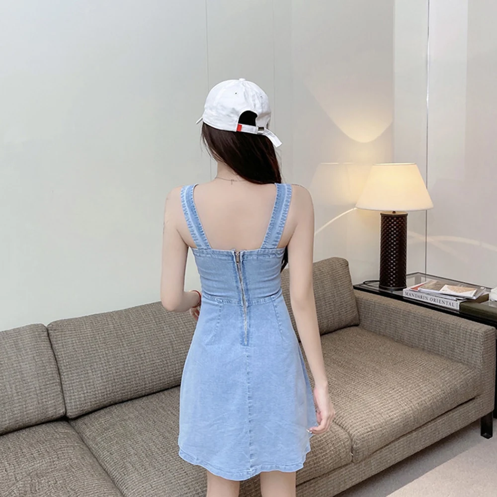 

Denim Suspender Dress Women 2021 New Thin Summer France Style Straps Jeans Short Low Neck Button Closure Slim Casual Dress