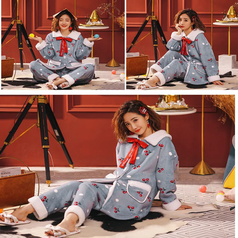 Новинка 2019 серая Милая женская пижама с лацканами и вишней Комплект