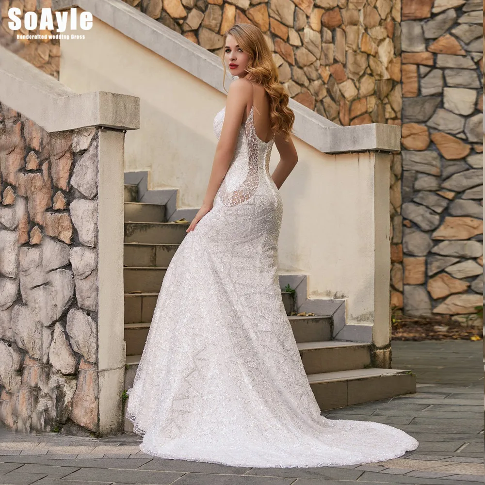 SoAyle #W40 Spaghetti Sleeves Sequins Mermaid Wedding Gown Sexy Luxurious Open Back Wedding Dresses Plus Size Vestido De Novia