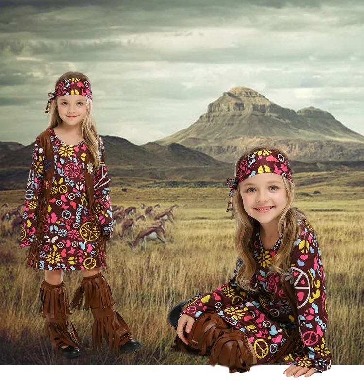 

Kids Girls Peace and Love Hippie Cosplay Costume Child 70s Costumes Halloween Party Carnival Fancy Dress