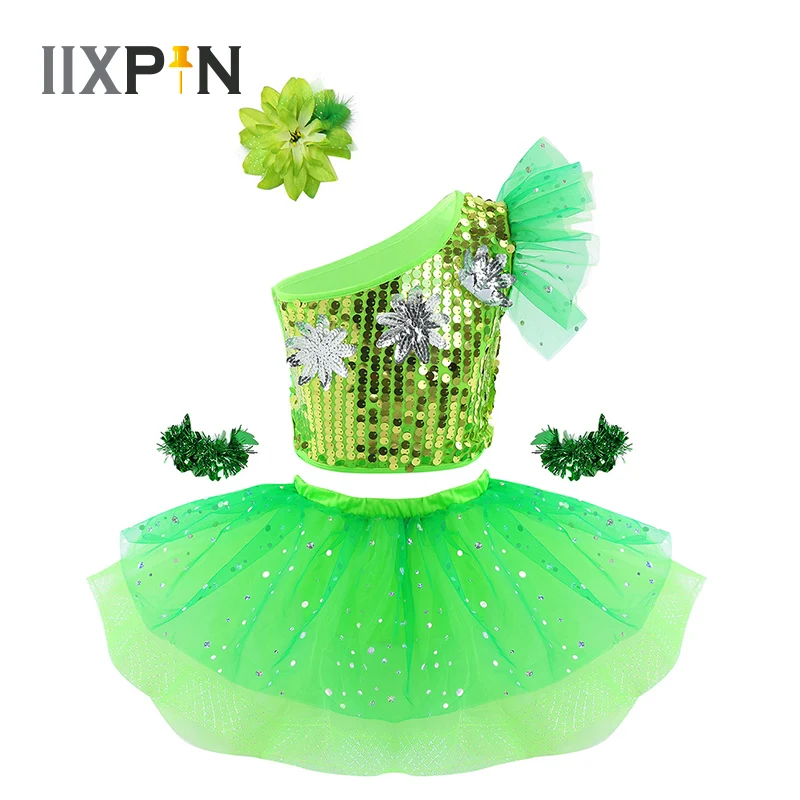 

IIXPIN Girls Modern Hip Hop Jazz Dance Costume Sparkly Sequins Crop Top with Mesh Tutu Skirt Hair Clip Wristband Set Rave Outfit