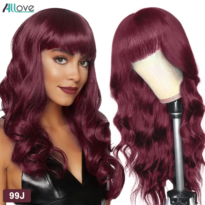 Allove волнистый парик с челкой цветные человеческие волосы имбирный машина
