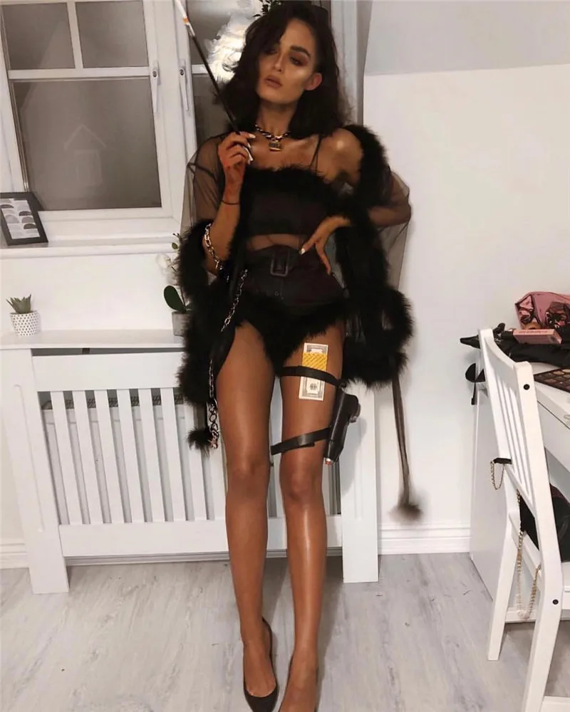 Sexy Women Lingerie Mesh Sheer See Through Long Flare Sleeve Feather Dress Sleepwear Robe Night Gown Erotic | Тематическая одежда