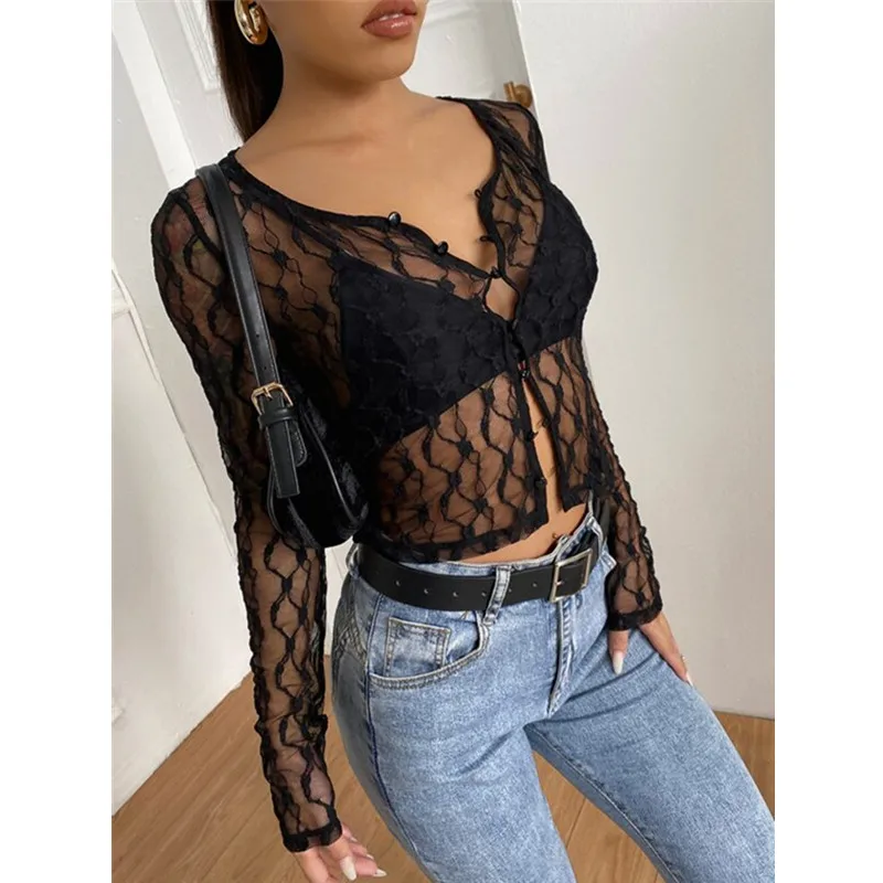 

Women's Perspective Lace Mesh Tops Summer Cardigan See-through Long Sleeve Shirts Fashion Streetwear T-Shirts 2021 Hot sell