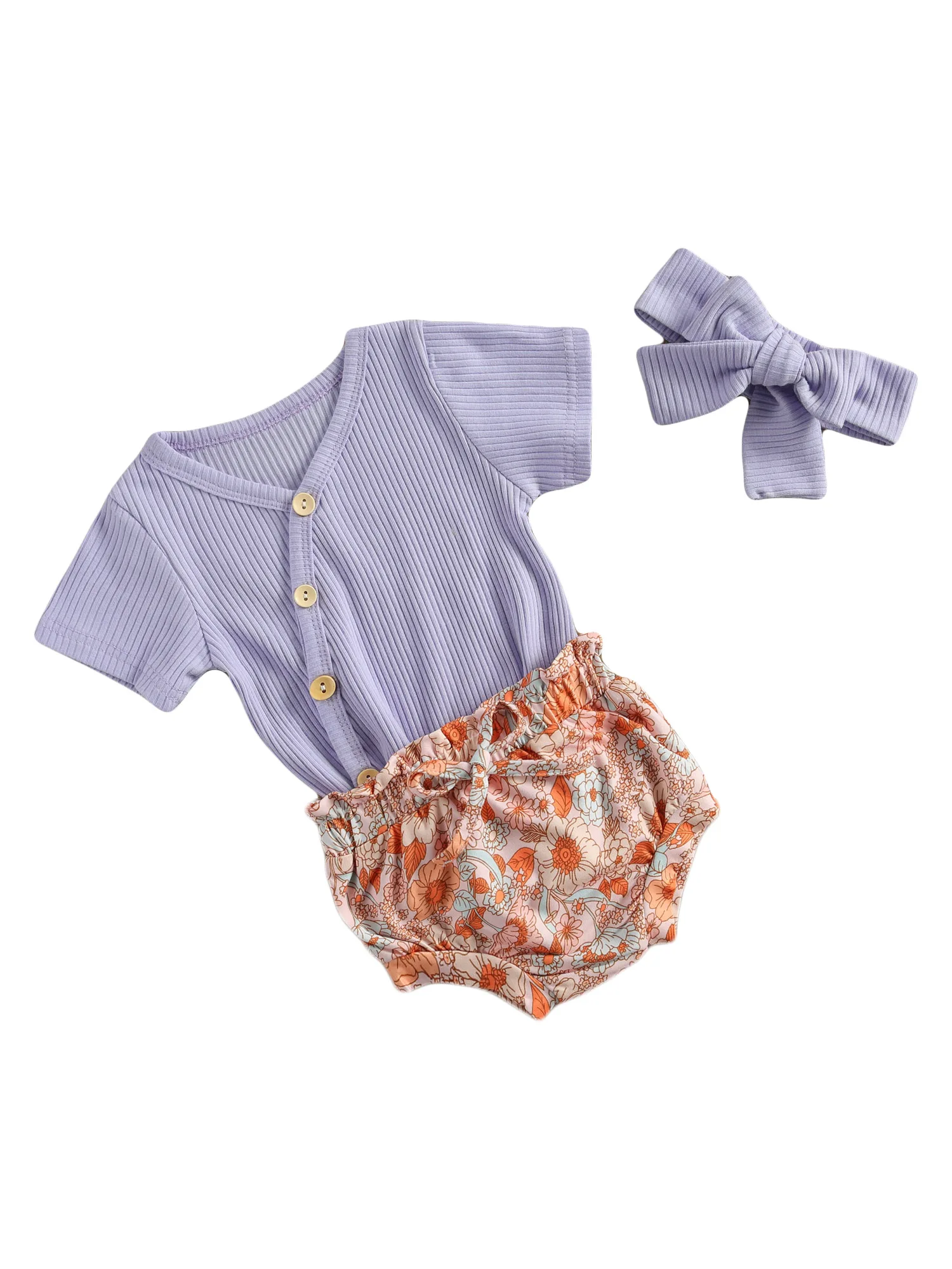 

0-18M Infant Short-sleeved Romper + Shorts + Headband, Button Design, Fashion Flower Print Sweet Summer Set 0-4Y