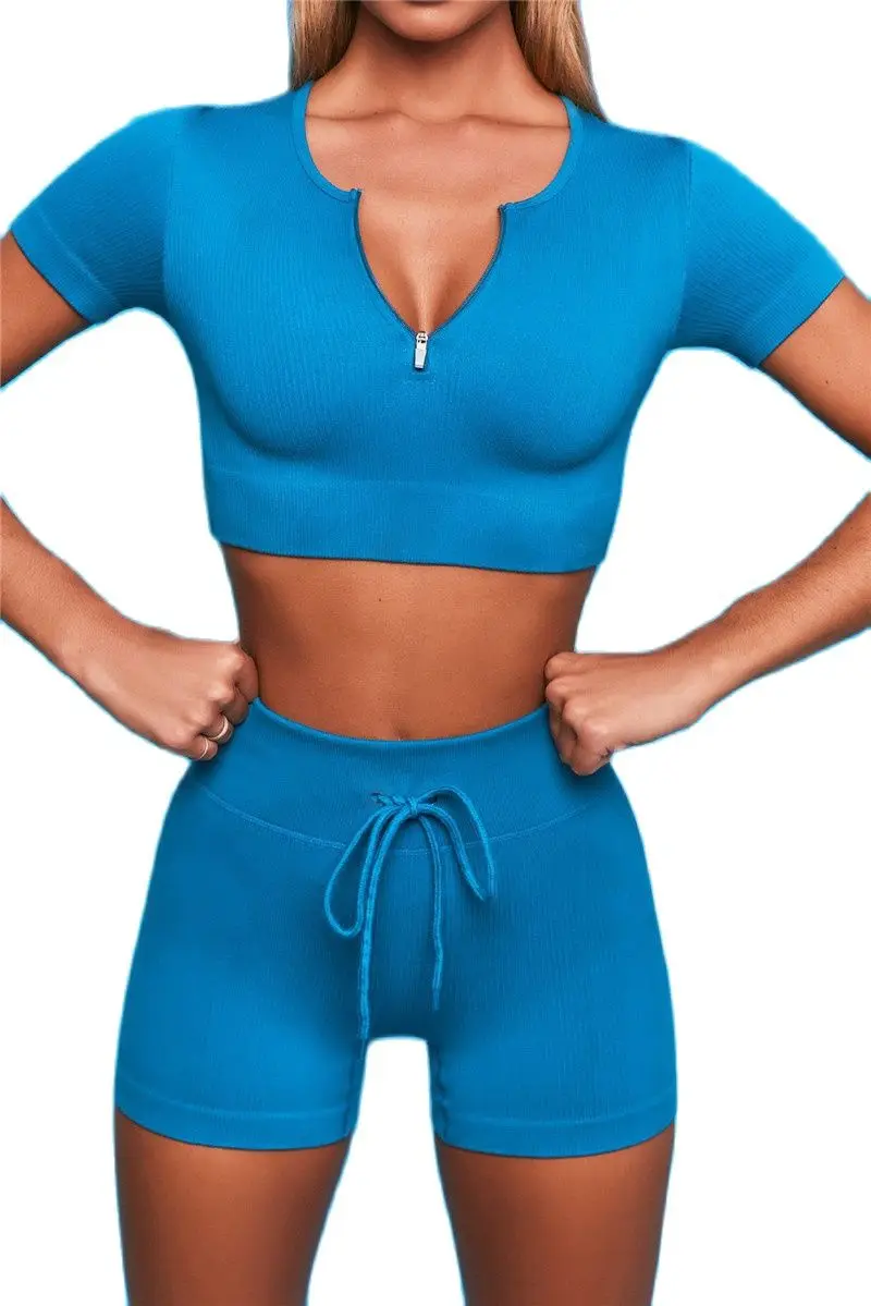 

Yoga Fitness Sport Two Piece Set Women Gym Shorts Sets Breathable Stripe V-Neck Zipper Femme Seamless Sexy Suits