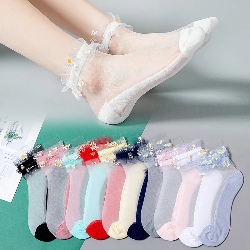 

1Pairs Women Socks For Summer Ultra-thin Transparent Cass Glass Fiber Silk Socks Fashion Daisy Flower Japan Ankle Socks