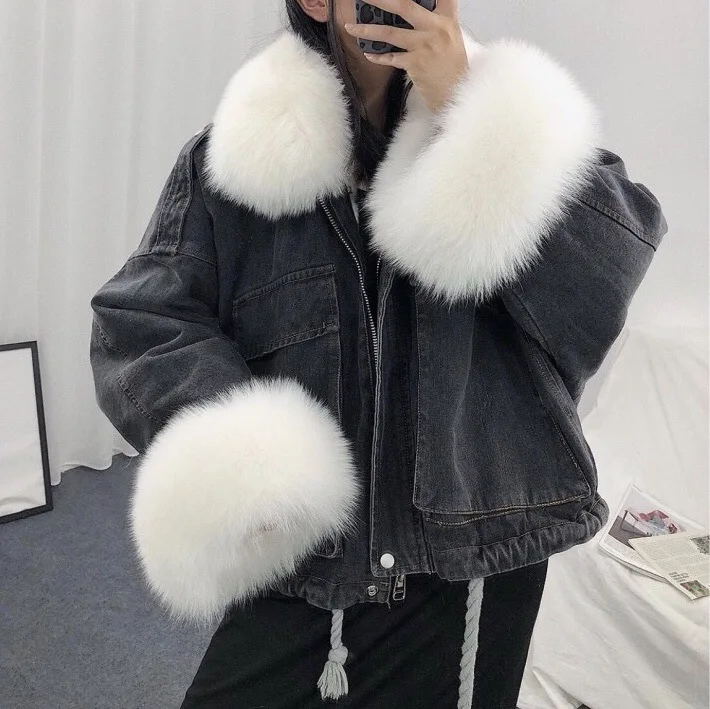 Hot Sale Pie Overcoming Denim Jacket Plus Plush Collar Denim Jacket for Ladies Velvet Denim Jacket Bubble Autumn Winter New