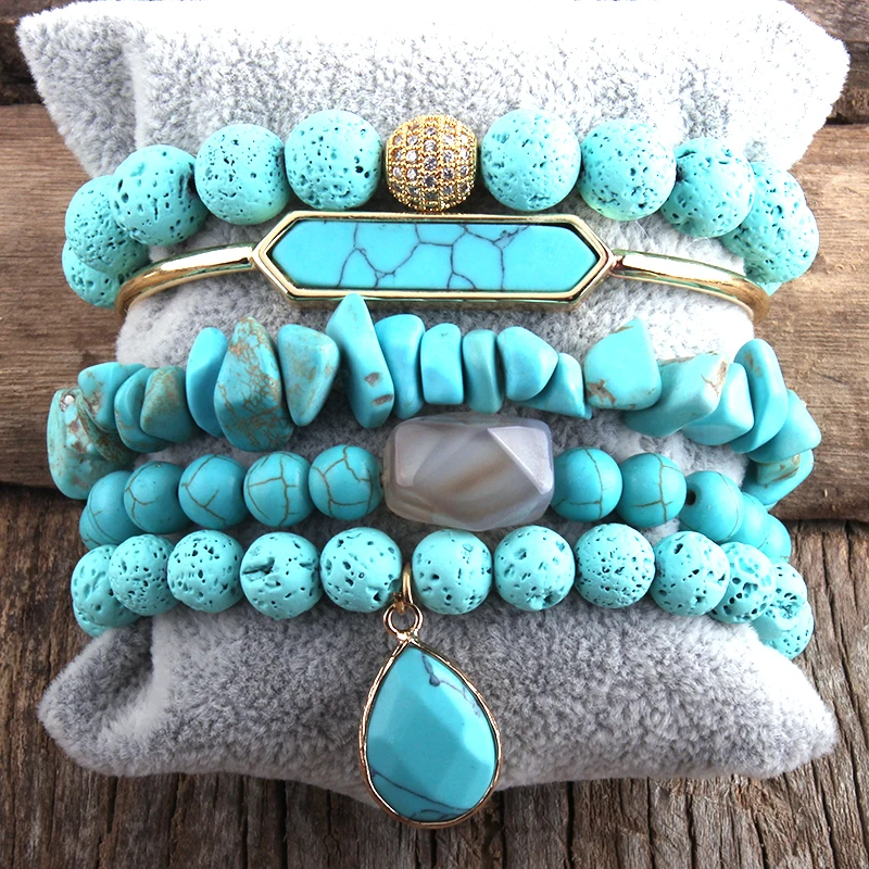 

RH Fashion Boho Jewelry Blue Lava Stone Bracelet & Bangle 5pc Bracelets Sets For Women Bohemian Gift DropShip
