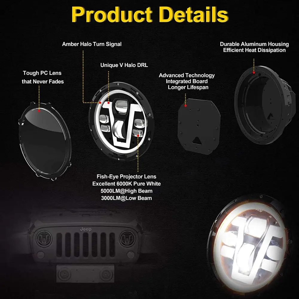 Уникальный дизайн Wrangler Led 7 дюймов 50 Вт светильники V тип огонь DRL желтая глаза