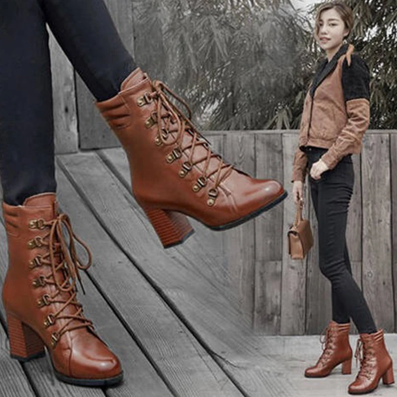 Женские ботильоны из искусственной кожи черные коричневые с теплым мехом