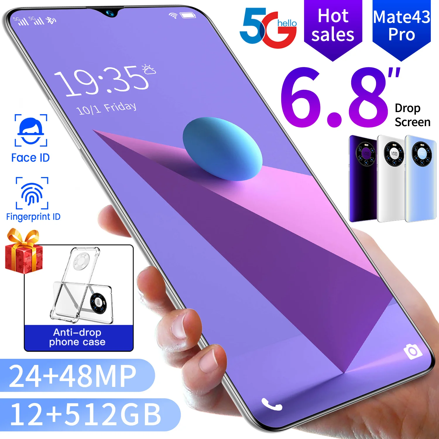 

Mate43 Pro Global Version 6.8 inch 12GB+512GB Smartphone MTK6799 CPU 48MP AI Camera 6000mAH Battery Super Charging Mobile Phone