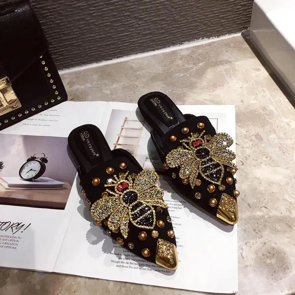 

Pointed Rhinestone Rivet Women's Shallow Slippers Casual Slip On Low Heel Mules Loafer Flat Slides Sandals Crystal Beach Shoes