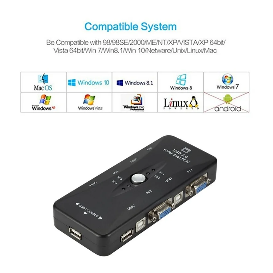 WVVMVV 4-портовый kvm-переключатель USB 2 0 VGA разветвитель для принтера мыши