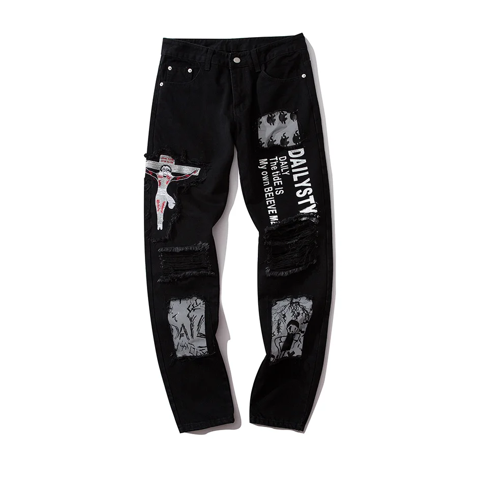 Streetwear Hip Hop Patchwork Hole Letter Print Black Skinny Jeans Men Korean Slim Straight Pencil Pants Ripped for | Мужская одежда