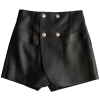 sheepskin leather shorts womens genuine leather high waist a line skirt gold buttons 2022 new wide leg pants casual fashion