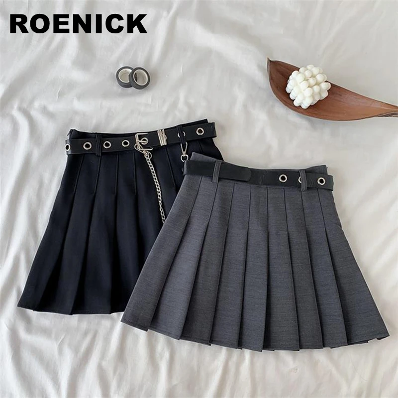 

ROENICK Pleated Skirts Womens High Waist Mini Dance Skirt Women Solid Uniform Chain A-Line Streetwear Harajuku Girls Summer