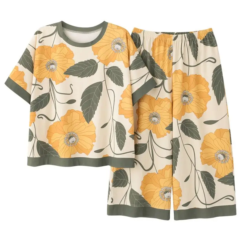 

2020 Pyjama Women Pajamas Sets Spring Summer Short Sleeve Print Sleepwear Big Girl Pijamas Mujer Leisure Student Pajama Femme