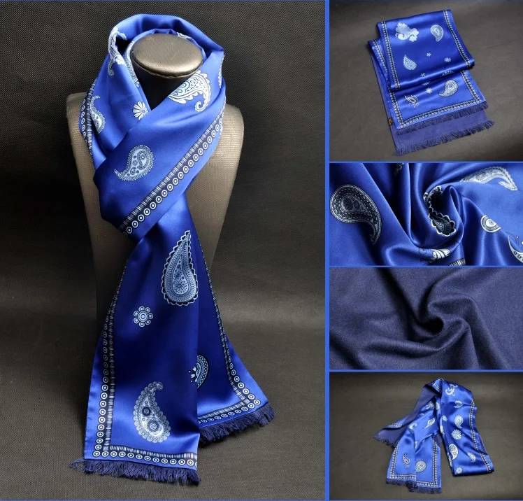 

Men's Vintage 100% Silk Scarf Soft Nap Long Print Neckerchief Double Layer Warm Cravat For Autumn Winter High Quality Blue