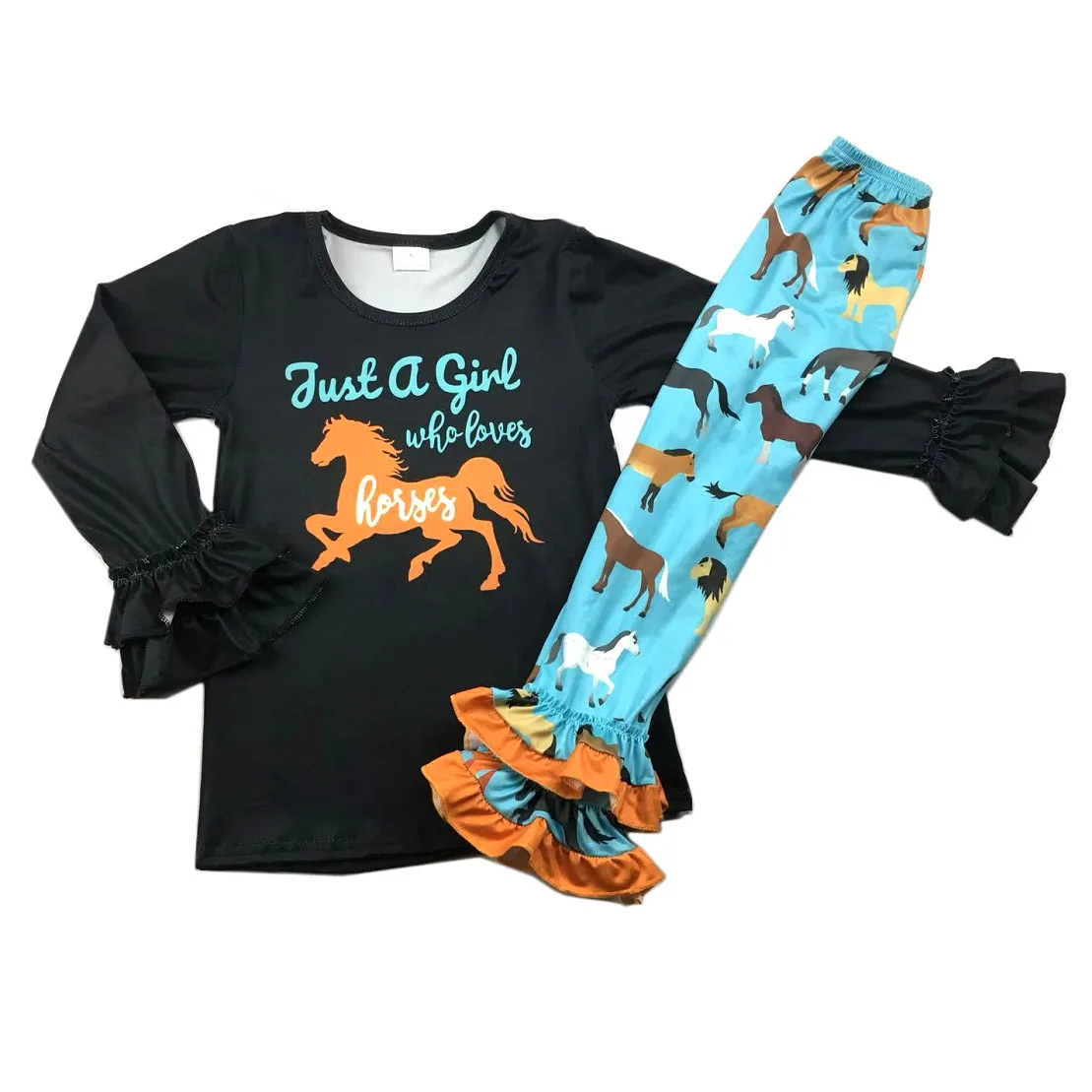 Лидер продаж Черный топ с принтом пони Детский комплект со штанами