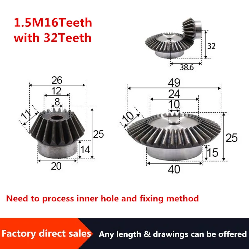 

2pcs 1:2 Bevel Gear 1.5 Modulus 16 Teeth + 32teeth Inner Hole 10mm 90 Degree Drive Commutation Steel Gears Steel Gears Screw M5