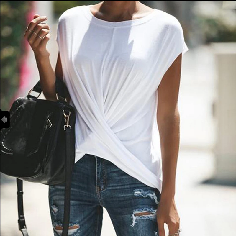 

Асимметричная женская футболка, верх, витая женская черная футболка с круглым вырезом, женские летние однотонные футболки с коротким рукав...