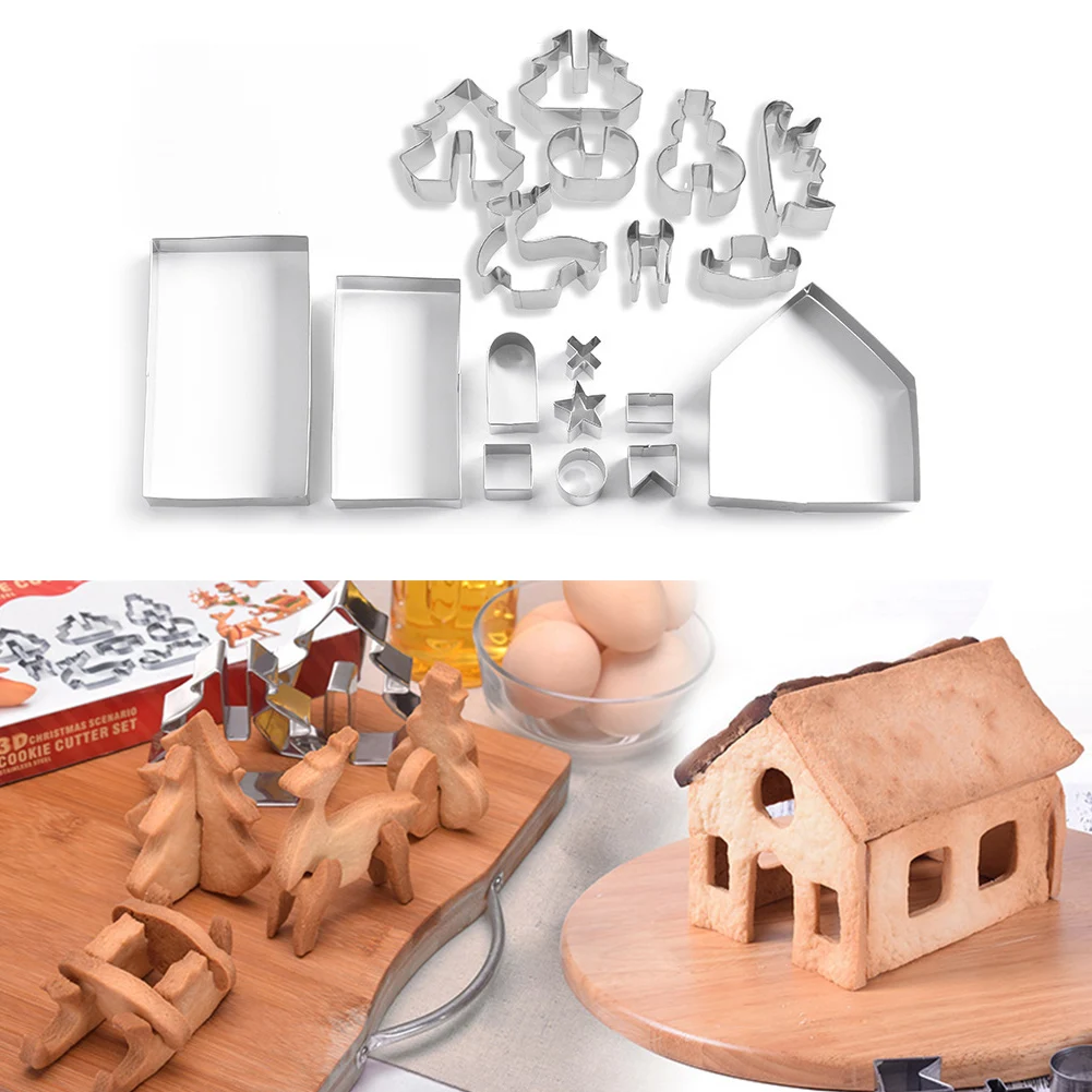 

18pcsCookie Cutter 3D Gingerbread House Christmas Cartoon Biscuit Press Stamp Embosser DIY Baking Mold Kitchen Baking Tools