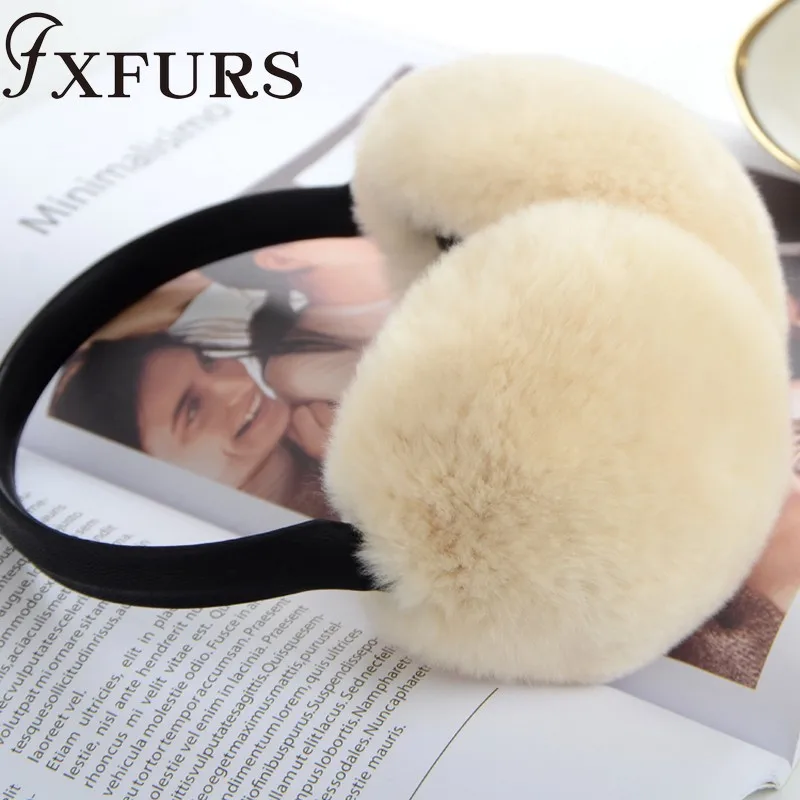 FXFURS/ женские модные меховые наушники с кроликом Рекс, с кожаной полкой, зимние теплые меховые наушники для девочек, меховые наушники