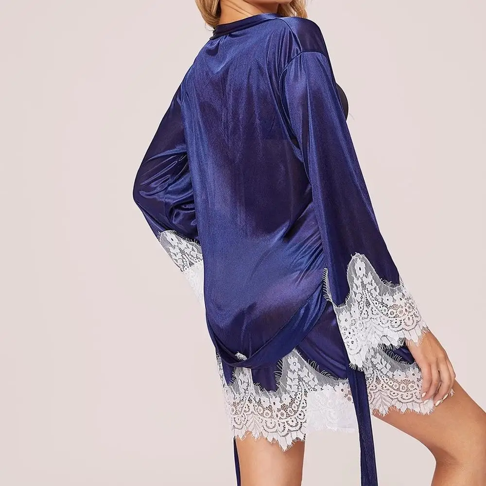 Новинка сексуальная женская шелковая атласная ночная рубашка с кружевом и