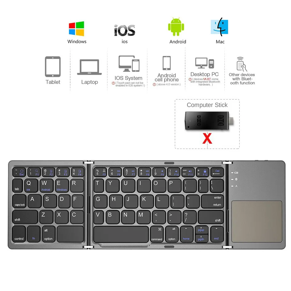 

Складная мини-клавиатура B033 с русской/испанской/Арабской раскладкой, беспроводная Bluetooth-клавиатура с тачпадом для Windows, Android, IOS