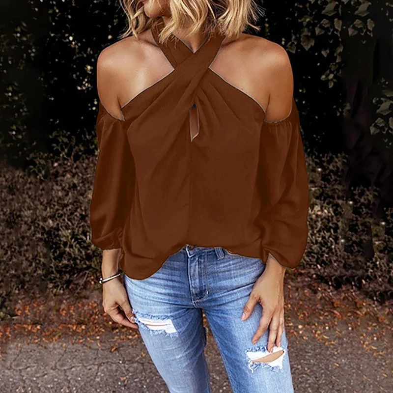 

2020 New Off Shoulder T-shirt For Women Summer Autumn Elegant Ladies Sexy Halter Design Solid Simple Women Tops Long Sleeves