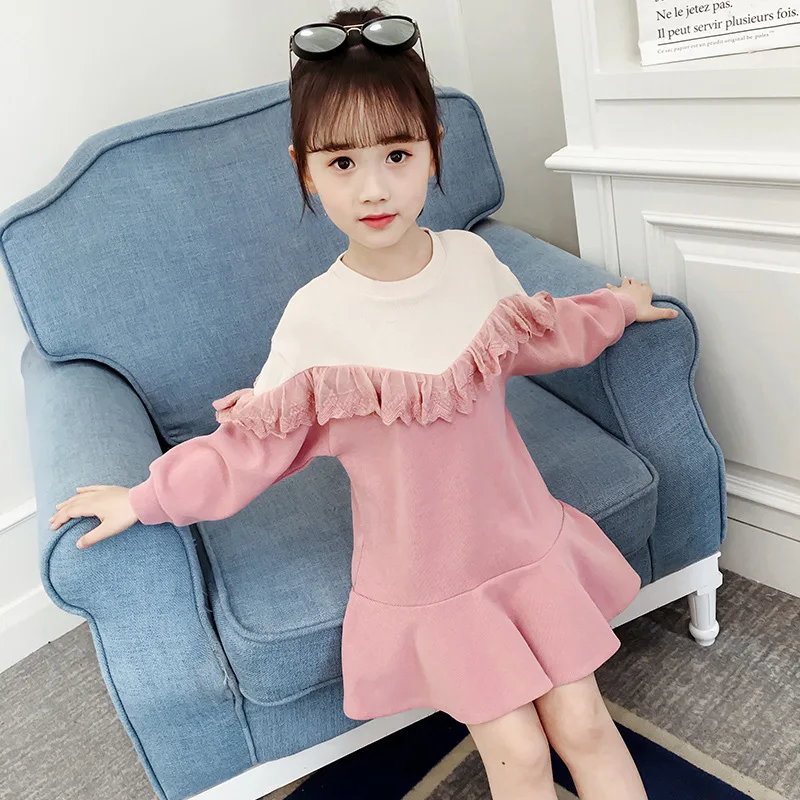 Повседневные детские платья для маленьких девочек; вязаное платье принцессы с длинными рукавами; зимнее утепленное бархатное детское платье с оборками для детей 4-14 лет - Цвет: Pink