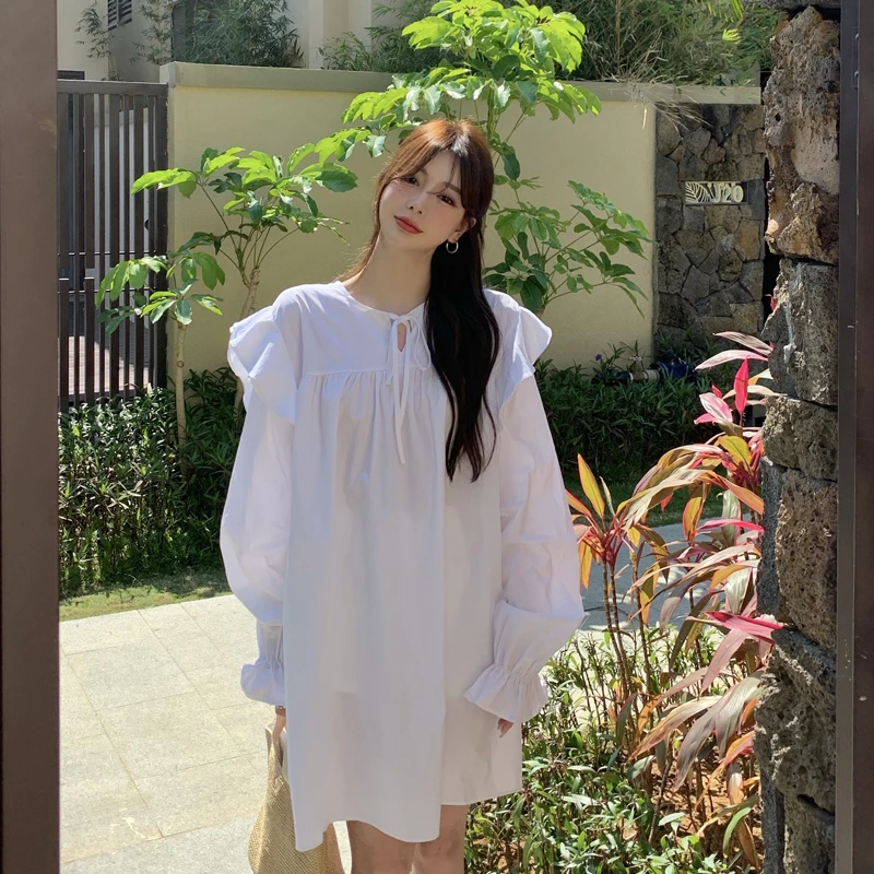 

Платье-рубашка женское с воротником на завязках, модное повседневное однотонное мини-платье во французском стиле, A352, на лето