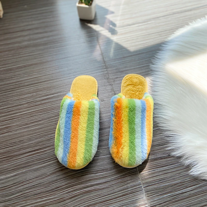 

Colorful Winter Slippers Women Home Slippers Faux Fur Warm Shoes Slip on Flats pink Female Slides Slippers Winter house slippers