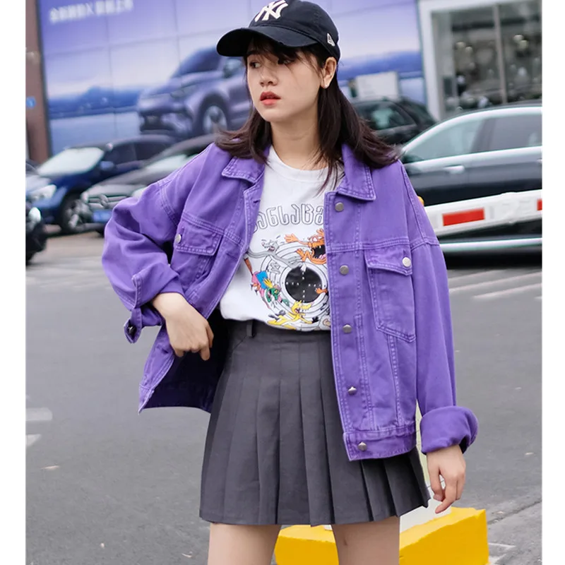 

Purple denim jacket women spring autumn loose coat Vintage long-sleeved short outwear single-breasted girl casual denim tops