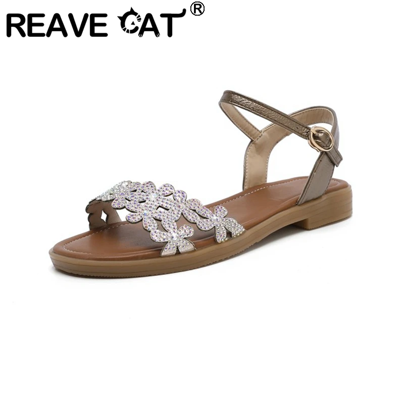 

REAVE CAT New 2021 Ladies Sandals Round Toe Low Rhinestone Elegant Comfortable Big All-match Size 34-43 Casual Summer A4053