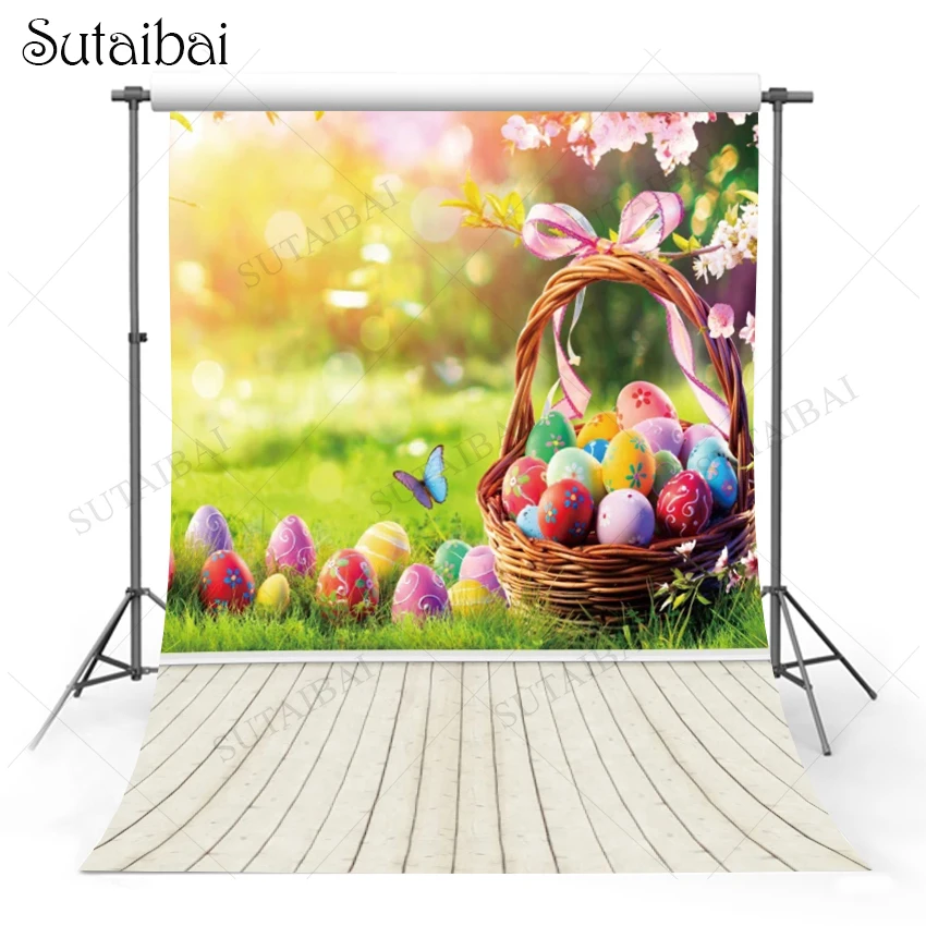 

Easter Photography Background Spring Flowers Eggs Wooden Floor Meadow Baby Shower Birthday Party Decoration Backdrop