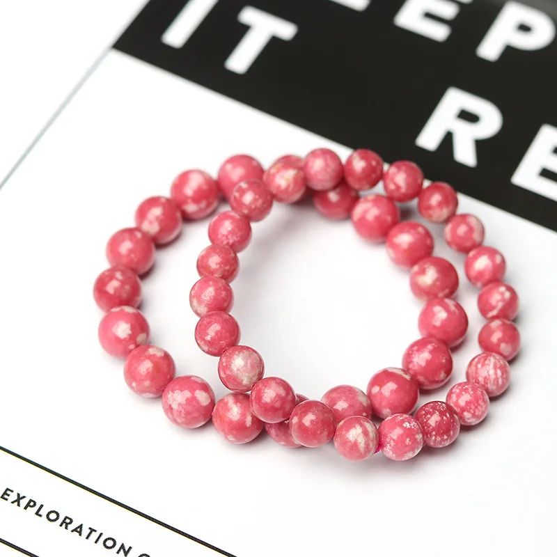 

Natural Stone Snowflake Rosestone Crystal Quartz Round Bead Elastic Bracelet Charm Healing Power Stone Jewelry Women and Men