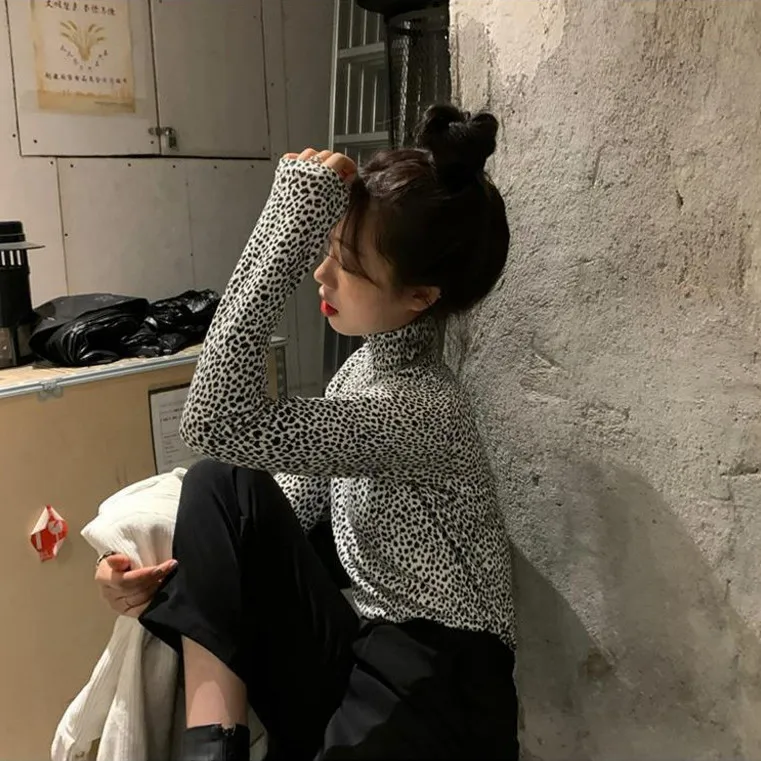 Женская осенне-зимняя футболка с длинным рукавом и высоким воротником - купить по