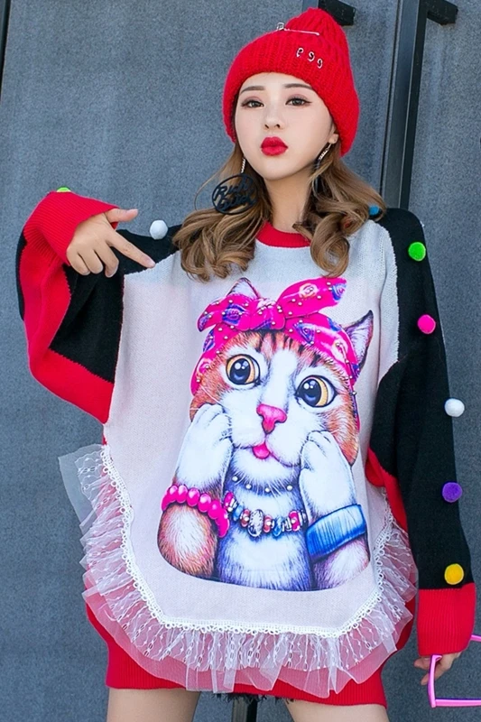 

Thai street brand heavy work hit color lace personality cat print sweater female long section loose fashion knitting