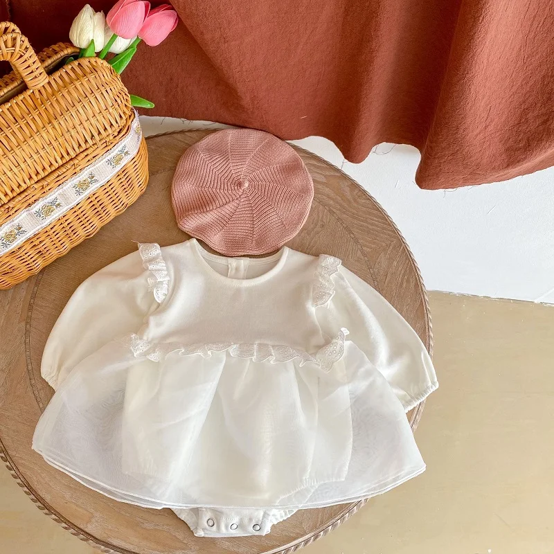 

2022 весенняя одежда для детей на день рождения на 100 дней, комбинезоны с длинными рукавами для девочек, многослойные сетчатые кружевные хлопк...