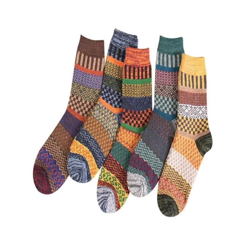 

5pairs Men's Wool High Socks Stripe Casual Calcetines Hombre Thick Cotton Socks Warm Winter Thick Wool Socks High Quality