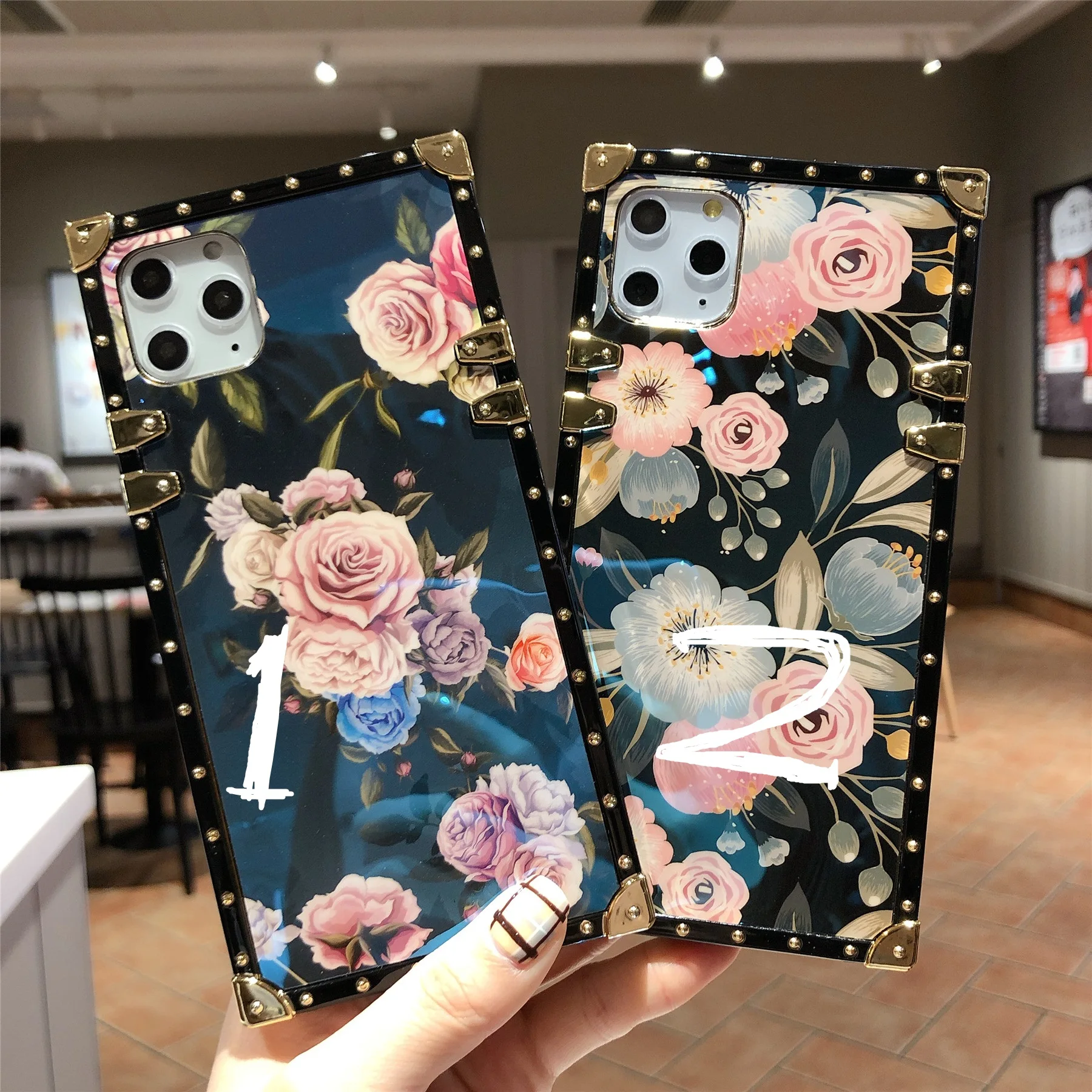 

Square Bling Diamond Shiny Rose Flower Stand Case for iPhone 11 12 ProMax mini XR X XS Max 8 7Plus 6splusholder stand Back Cover