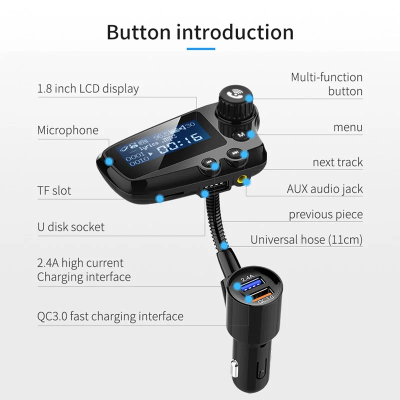 JaJaBor FM передатчик Bluetooth 5,0 автомобильный комплект громкой связи вызова AUX стерео A2DP большой экран дисплей QC3.0 Быстрая зарядка